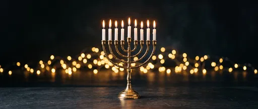 Lit Brass Menorah with Golden Bokeh