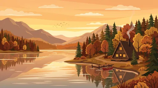Autumn Mountain Lake A-Frame Cabin Illustration