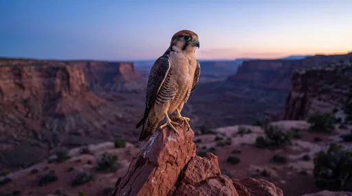 Falcon Perched on Canyon Rock at Dusk