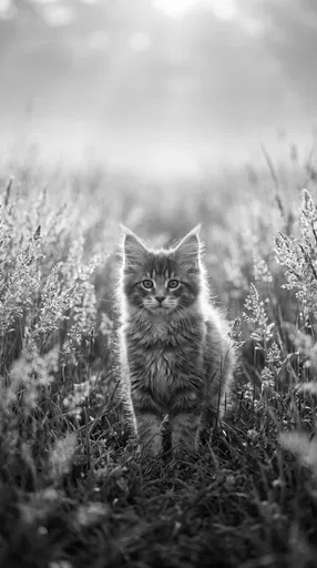 Monochrome Maine Coon Kitten in Tall Grass
