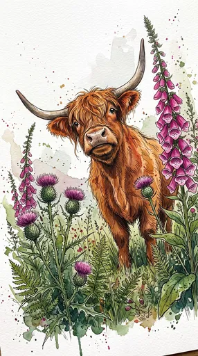 Watercolor Highland Cow with Foxgloves and Thistles
