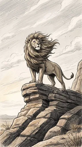 Proud Lion Standing on Rocky Outcrop