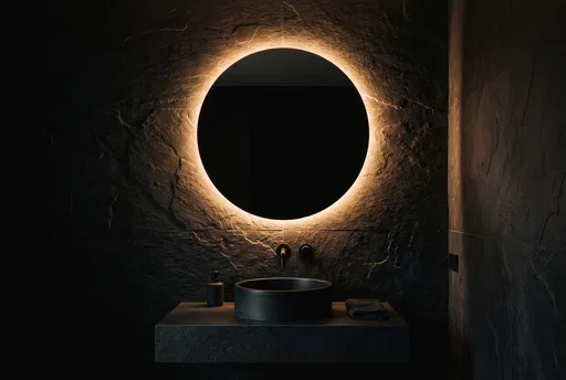 Backlit Circular Mirror in Dark Bathroom