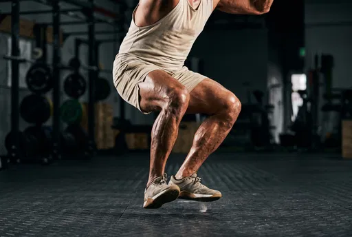 Muscular Athlete Jumping in Gym