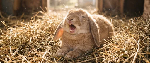 Tan Lop-Eared Rabbit Yawning on Hay