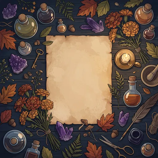 Cozy Apothecary Desk Parchment Frame Illustration