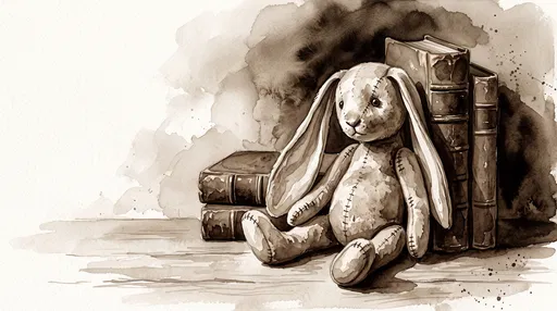 Sepia Watercolor Vintage Rabbit Plushie and Books