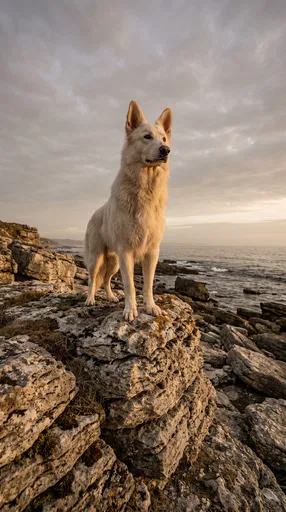 White Shepherd on Coastal Rocks
