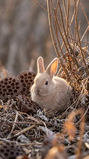 Beige Bunny Among Dried Lotus Pods