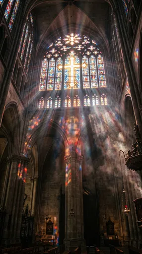 Sunbeams Through Cathedral Stained Glass Cross