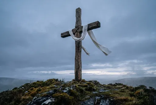 Wooden Cross With Linen Sash on Ridge