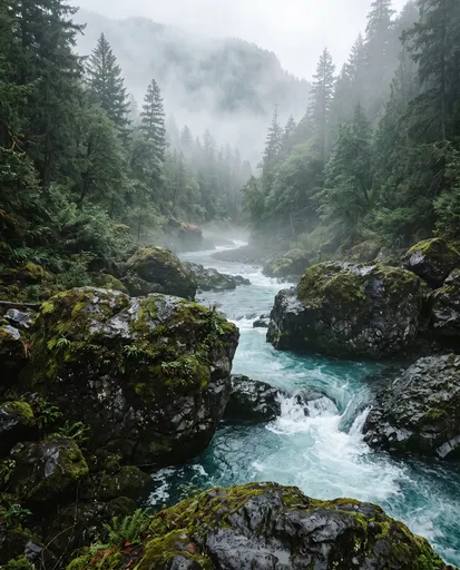 Misty Turquoise River in Evergreen Forest
