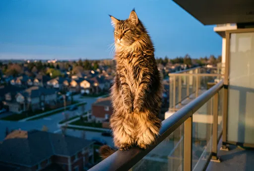 Fluffy Cat Standing Upright on Balcony Railing