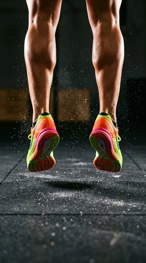 Muscular Calves and Neon Shoes Mid-Jump