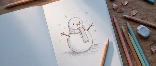 Colored Pencil Snowman Sketch in Open Notebook