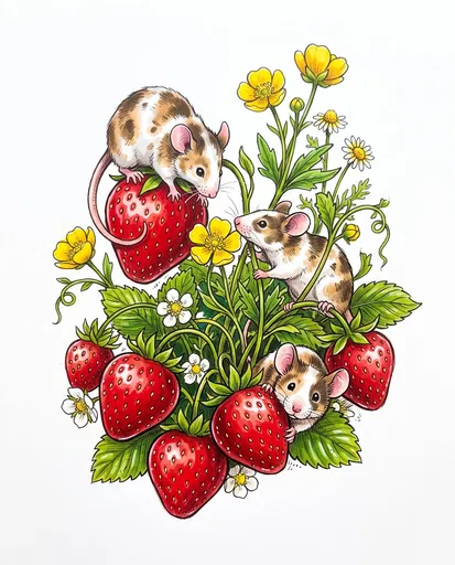Spotted Mice and Ripe Strawberries Illustration