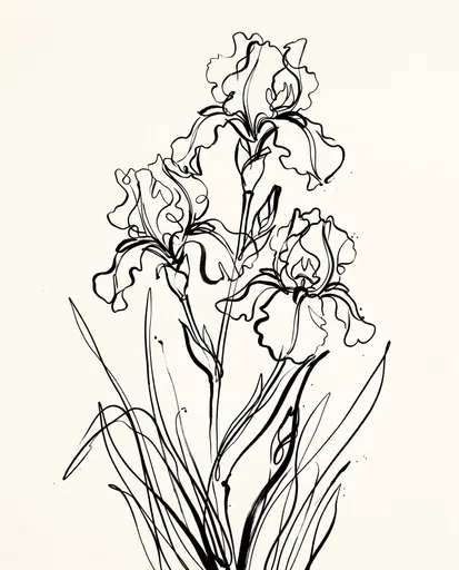Expressive Black Ink Iris Flower Line Drawing