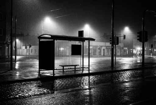 Empty Monochrome Bus Shelter on Rainy Night