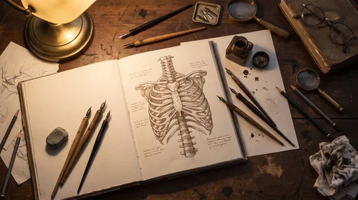 Vintage Artist Desk With Anatomical Ribcage Sketch