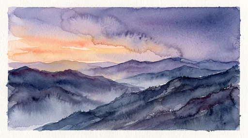 Watercolor Mountain Range at Twilight Sunset