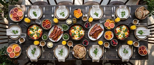 Overhead View of Wooden Brunch Table Feast