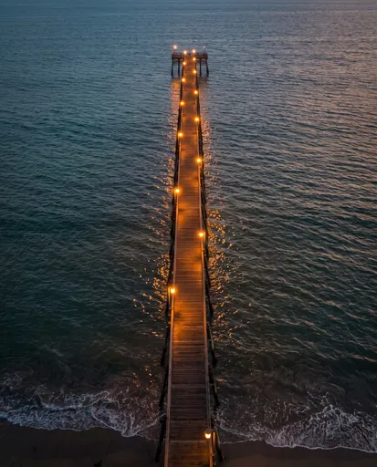 Aerial View of Illuminated Pier at Twilight