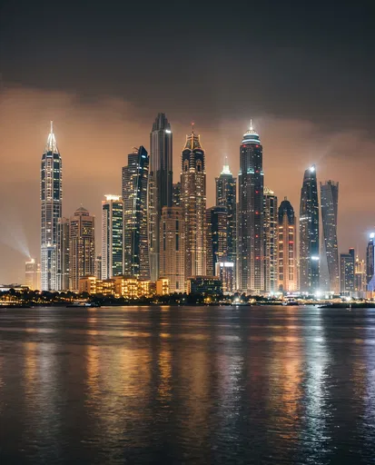 Illuminated Modern City Skyline Across Night Harbor