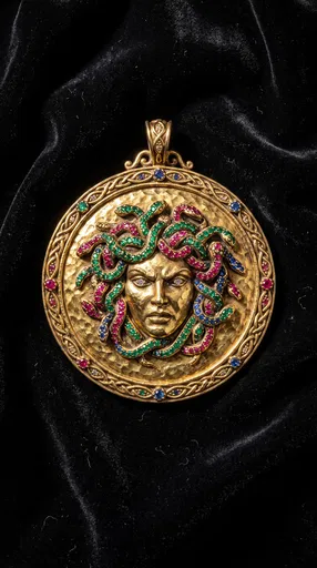 Gold Jeweled Medusa Medallion on Black Velvet