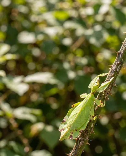 Green Walking Leaf Insect on Bramble Stem