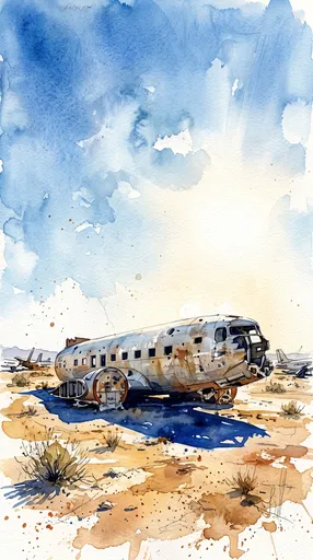 Watercolor Illustration of Desert Airplane Fuselage