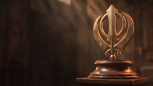 Brass Sikh Khanda Symbol on Wooden Pedestal