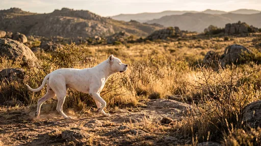 White Dogo Argentino Walking in Rocky Hills