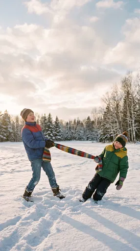 Boys Playing Tug-of-War in Snow