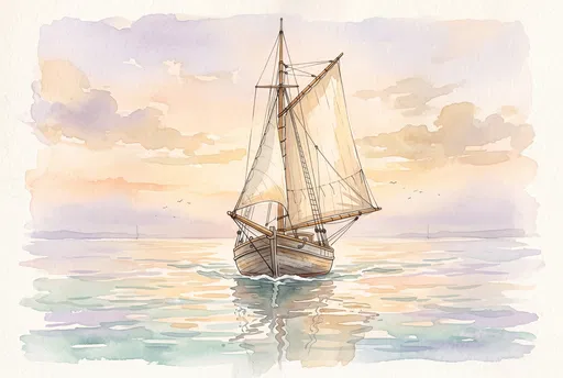 Watercolor Gaff-Rigged Sloop at Sunset