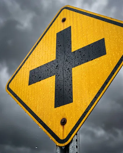 Wet Yellow Crossroad Sign in Rain
