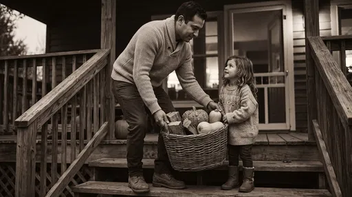 Father and Daughter Carrying Autumn Harvest Basket