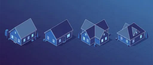 Isometric Blue Houses With Gable Roof Variations