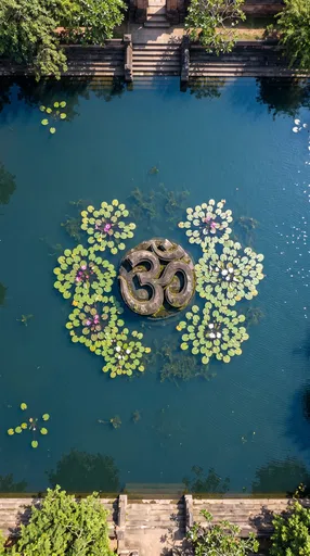 Aerial View of Stone Om in Pond