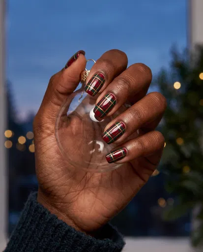 Hand With Tartan Plaid Christmas Nails