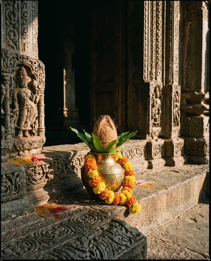 Brass Kalasha Pot on Temple Threshold