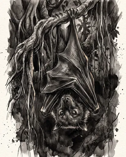 Monochrome Ink Illustration of Hanging Flying Fox