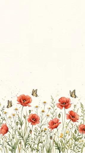 Watercolor Poppies and Butterflies Border