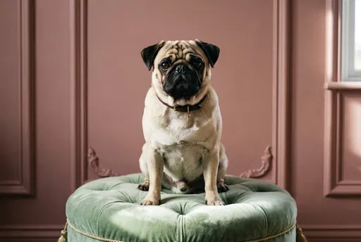 Fawn Pug Sitting on Velvet Ottoman