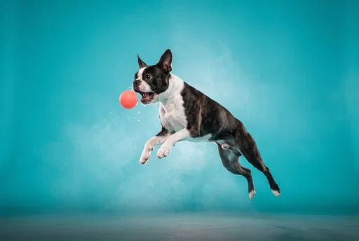 Boston Terrier Leaping to Catch Coral Ball