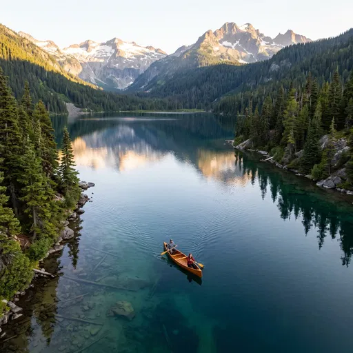 Couple Canoeing on Clear Alpine Lake