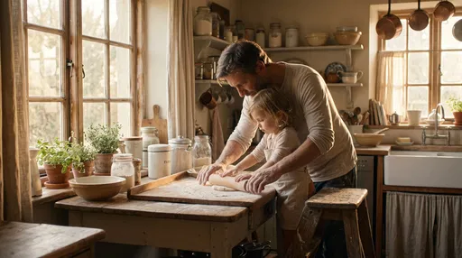 Father and Child Baking in Sunlit Kitchen