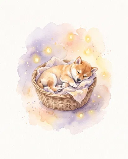 Watercolor Sleeping Shiba Inu Puppy in Basket