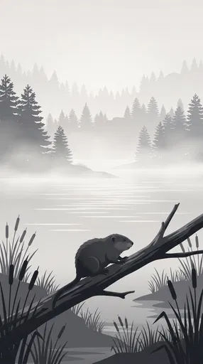 Monochrome Muskrat Over Misty Lake Illustration