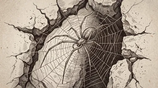 Vintage Ink Drawing of Spider in Web
