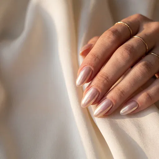 Iridescent Pearl Chrome Almond Manicure Close-up